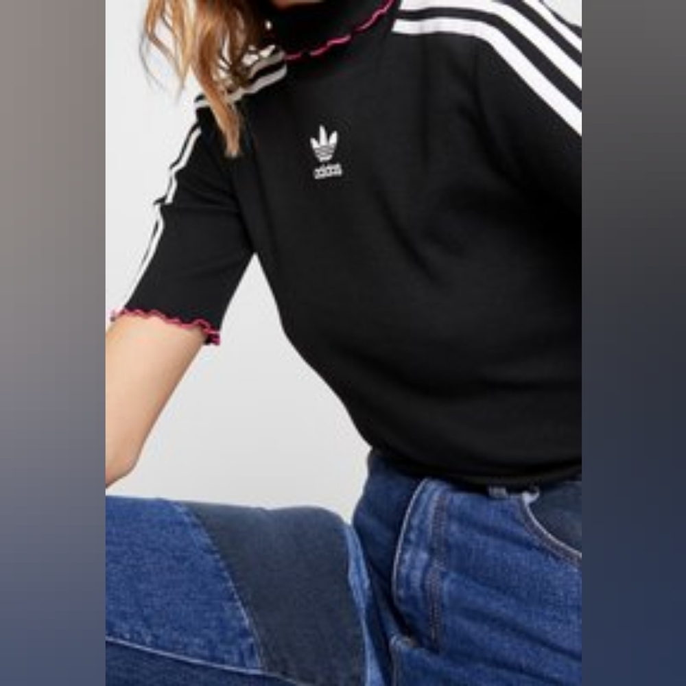 Adidas Black Ribbed Top with White Stripes & Pink Trim Size Xs Very Gently Used